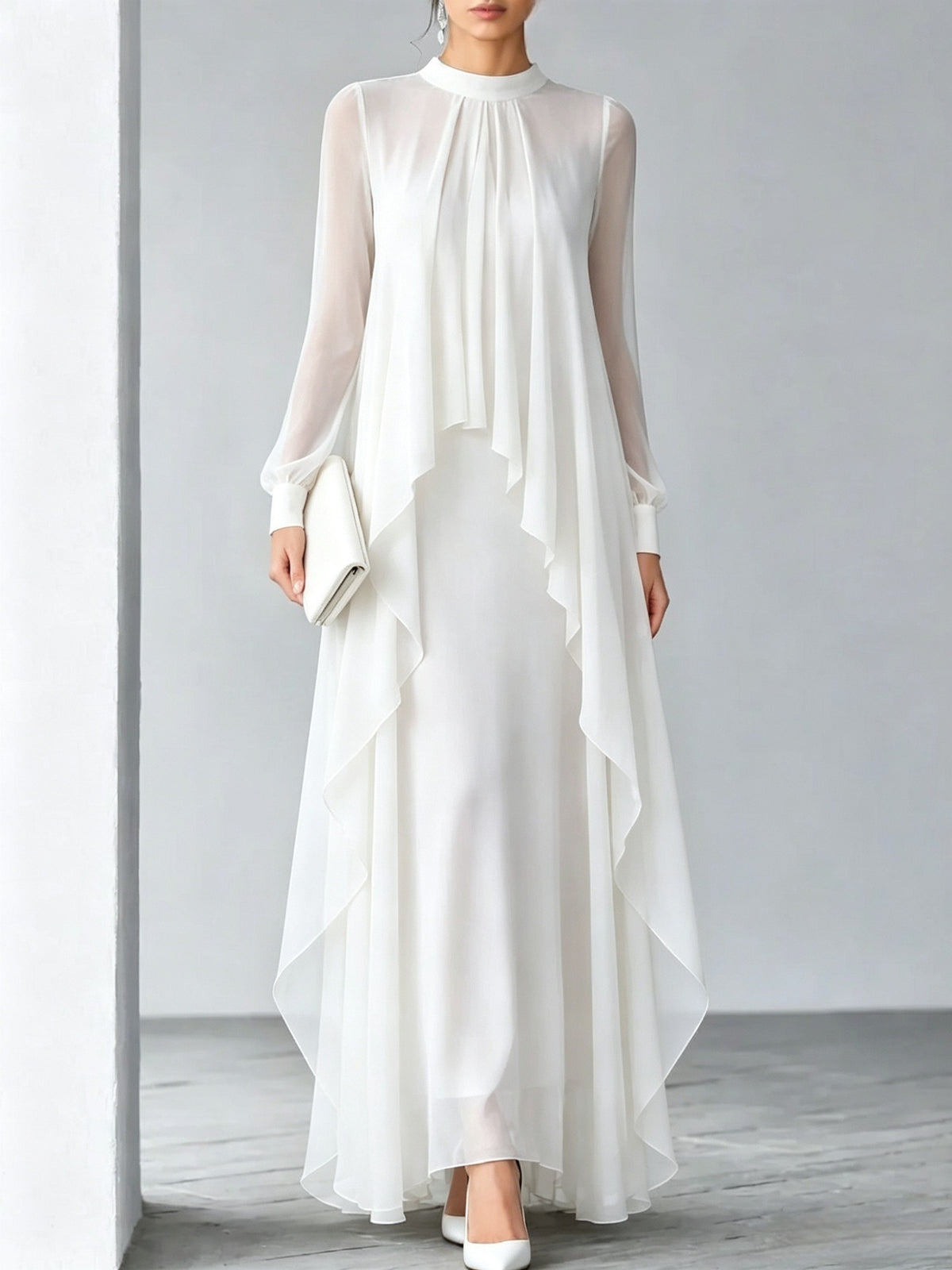 Women's Pleated Chiffon Long Dress Stand Collar Sheer Sleeve Ruffle Hem Fake Two-Piece Gown teemdrop