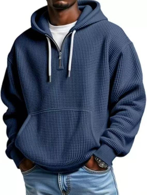 Mens Heavyweight Full-Zip Waffle Hooded Sweatshirt Long Sleeve Solid Color Casual Jacket teemdrop