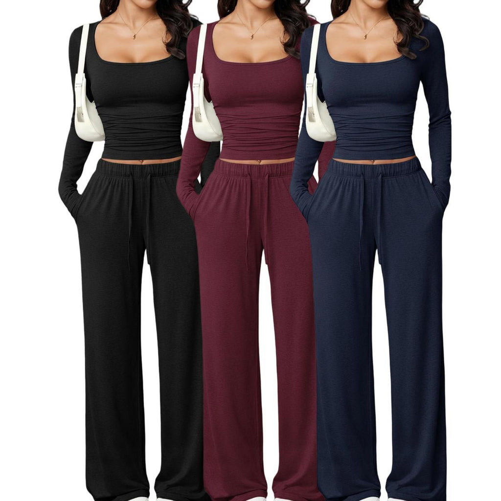 casual pants set with square-neck long-sleeve short top