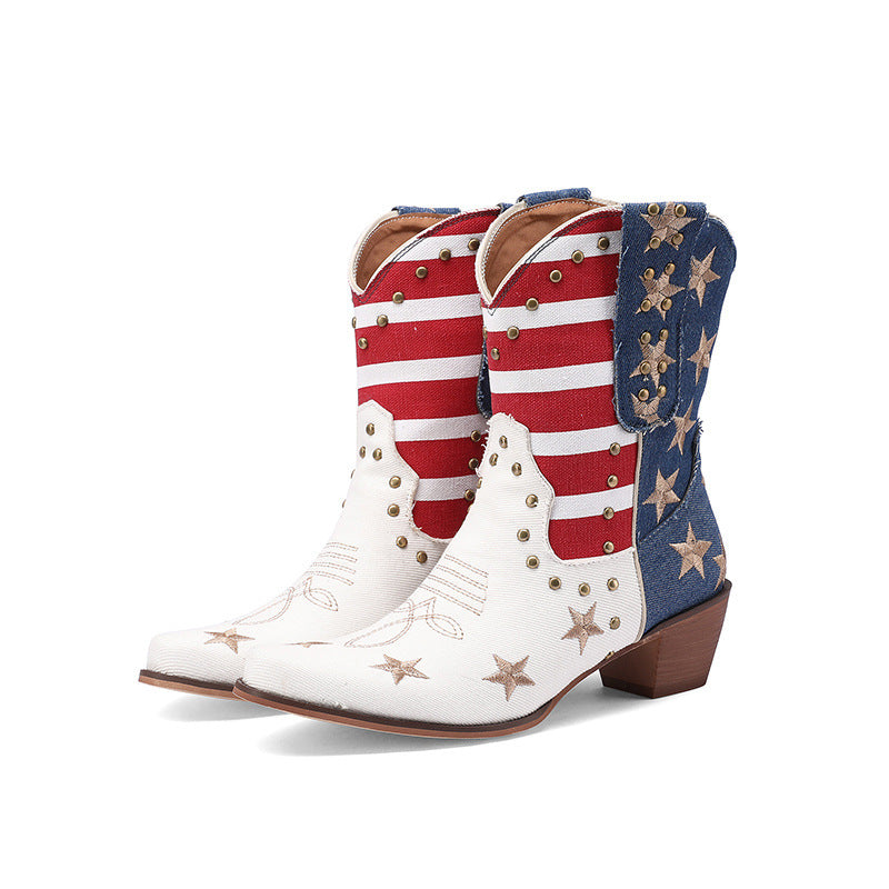 Striped Embroidered Pointed Stud Leather Boots Short Tube