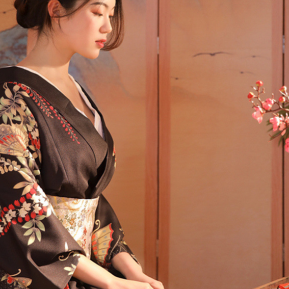 Womens Traditional Retro Japanese Camellia Print Kimono Dress with Girdle and Fan Headdress Set teemdrop