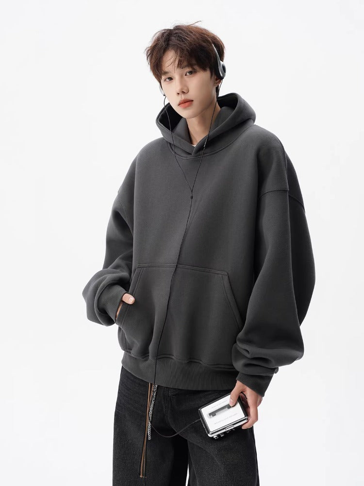 Men Heavyweight 400g Pure Cotton Double Layer Hooded Sweatshirt Loose Fit Solid Color teemdrop