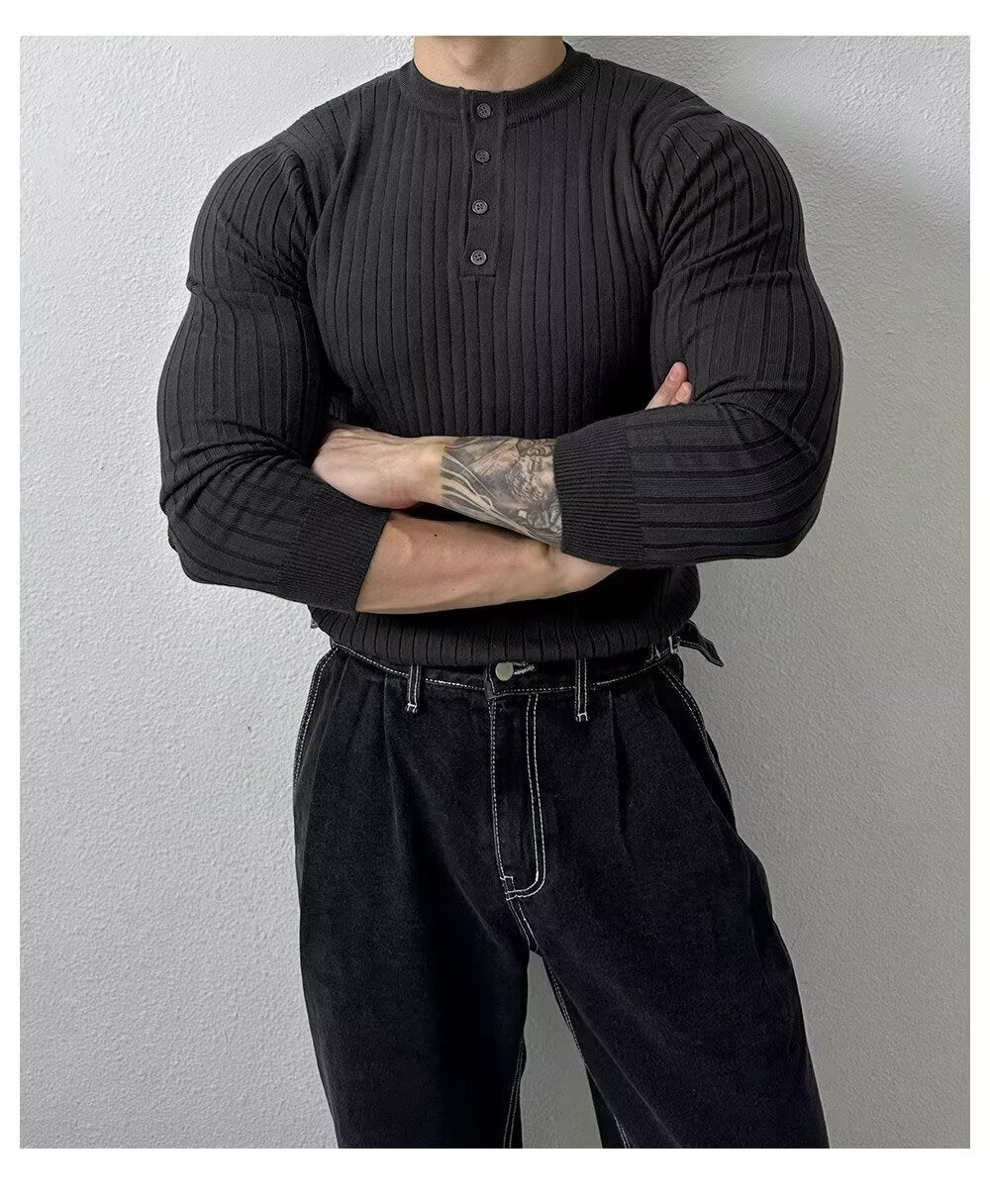 Men's Cotton Blend Henley Sweater Long Sleeve Slim Fit Pullover teemdrop