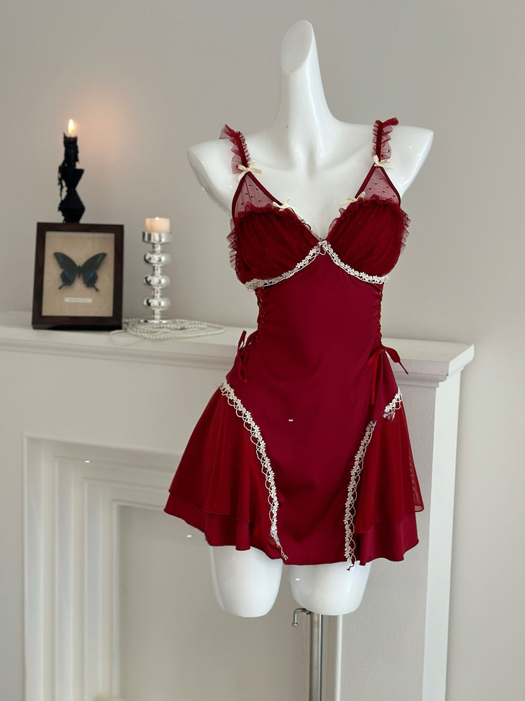 Women's Sexy Backless Mesh Lace Nightgown and Robe Set with Chest Pads teemdrop