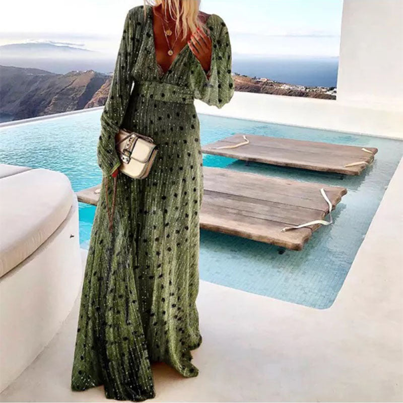 2025 Cross-Border Women's New Cross-Border Green Gradient Spot Print Fashionable Elegant Deep V Full Skirt Dress