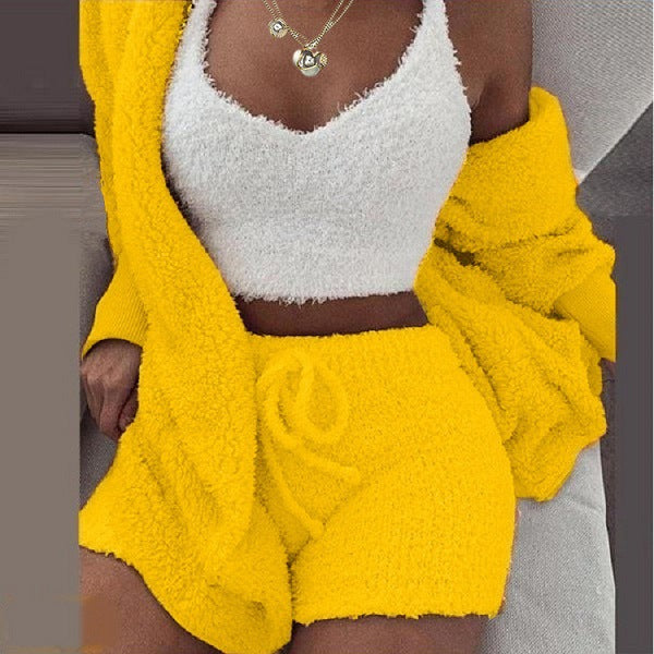 Women's Plush Three-Piece Long Sleeve Vest Shorts Track Set teemdrop