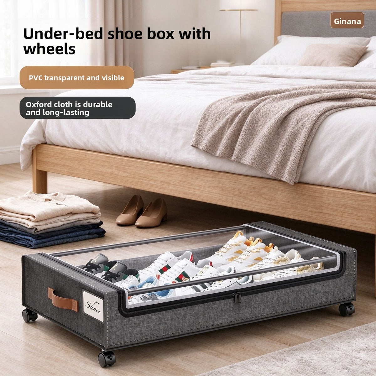 Foldable Underbed Storage Box with Wheels Transparent Dust-Proof Clothes Organizer teemdrop