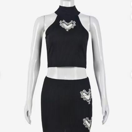 Women's Rhinestone Hollow-Out Ribbed Crop Top and Mini Skirt Two-Piece Set teemdrop