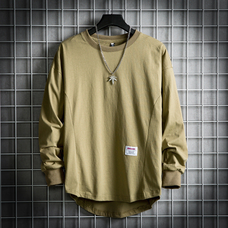 Men's Solid Long Sleeve Round Neck Loose Cotton T-Shirt