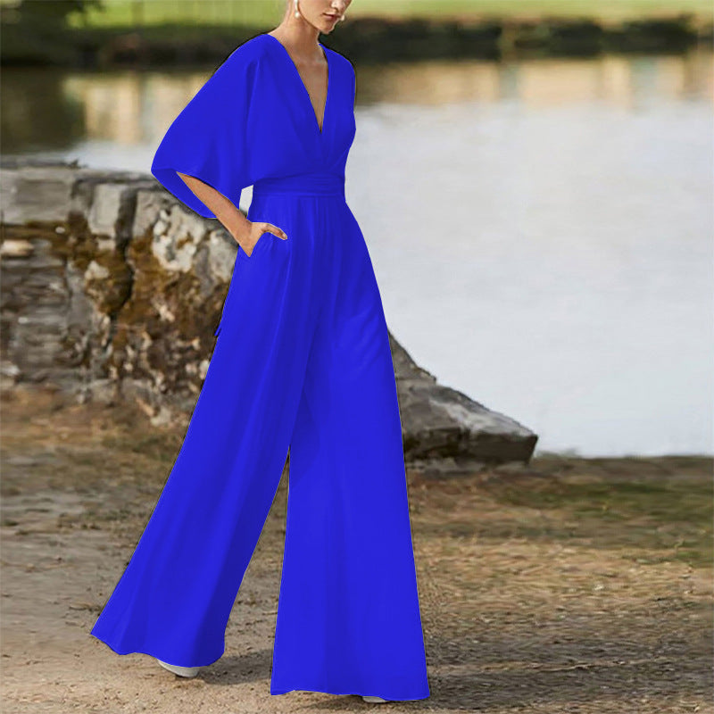 2026 Winter New European and American Foreign Trade Women's Fashion Jumpsuit Amazon Hot-Selling Deep V High-Waisted Wide-Leg Pants