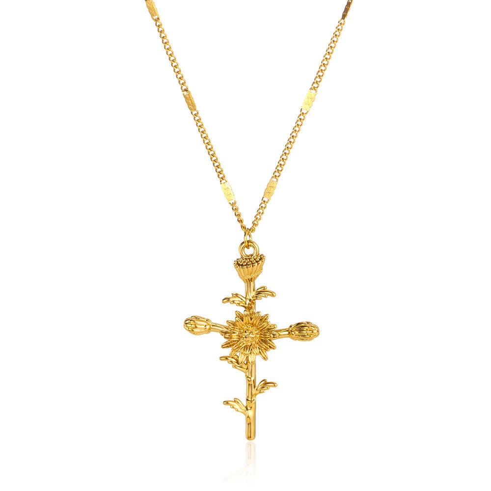 Gold Plated 3D Flower Cross Neckla teemdrop