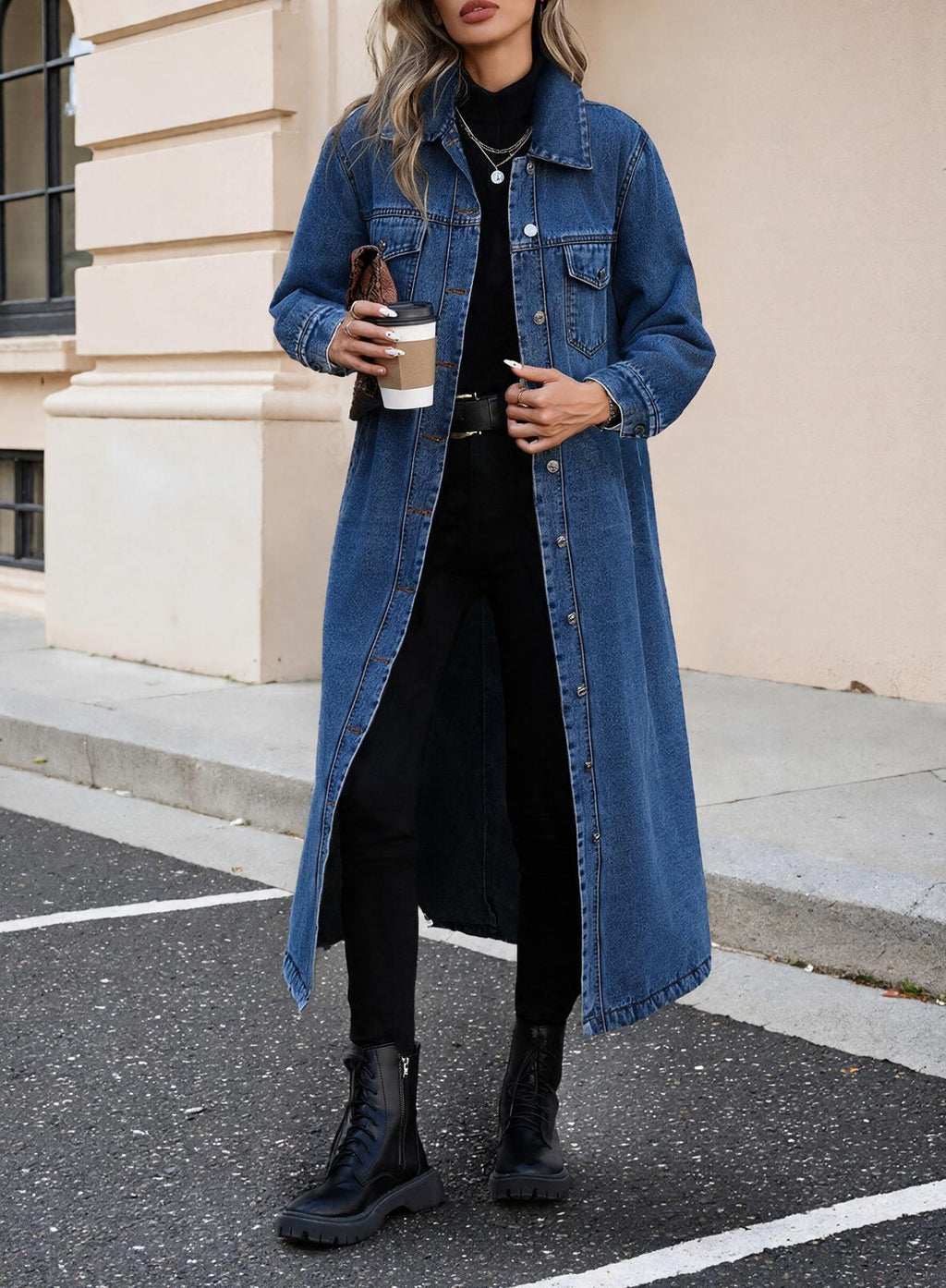 Women Elegant Slim-Fit Long Denim Jacket teemdrop