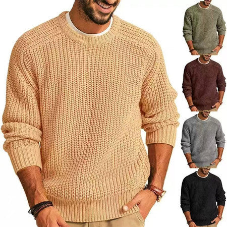 Mens Chunky Knit Solid Color Round Neck Long Sleeve Pullover Sweater teemdrop