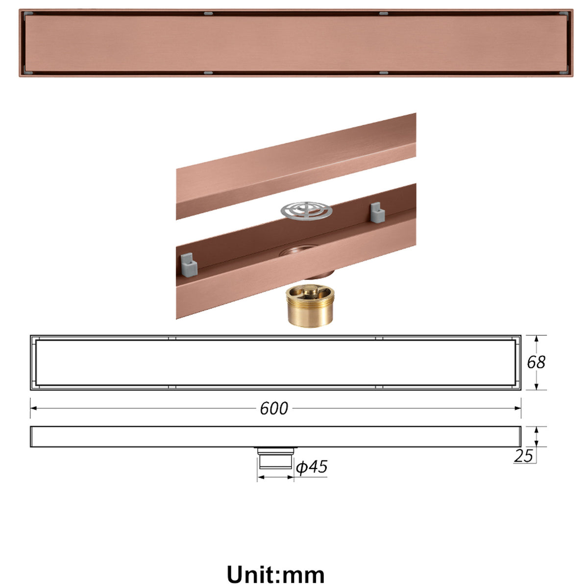 Rose Gold Copper Anti-Odor Concealed Tile Insert Square Linear Floor Drain teemdrop
