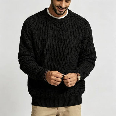 Mens Chunky Knit Solid Color Round Neck Long Sleeve Pullover Sweater teemdrop