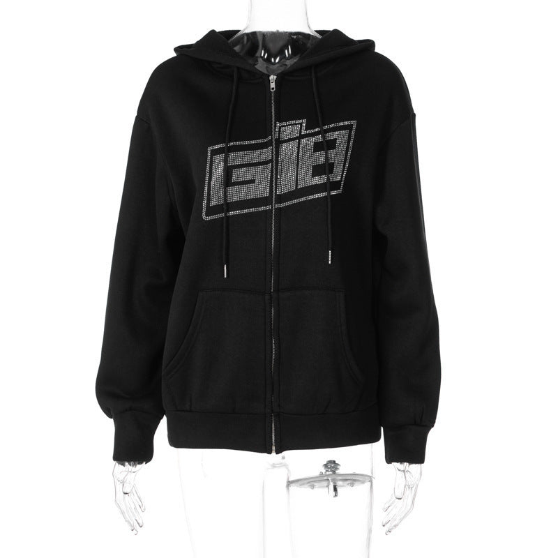 Zip Up Hoodie with Rhinestone Lettering
