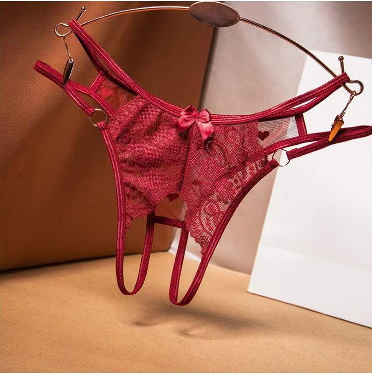 Lace Open-Crotch Thong with Metal Rings