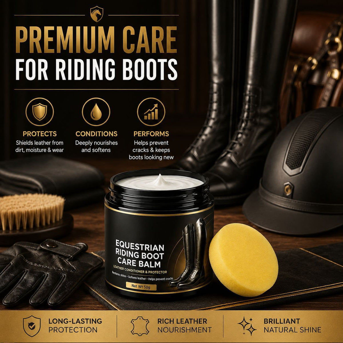 Equestrian Riding Boot Care Cream 50g with Sponge - Nourishes Polishes and Prevents Cracking on Genuine Leather Long Boots teemdrop