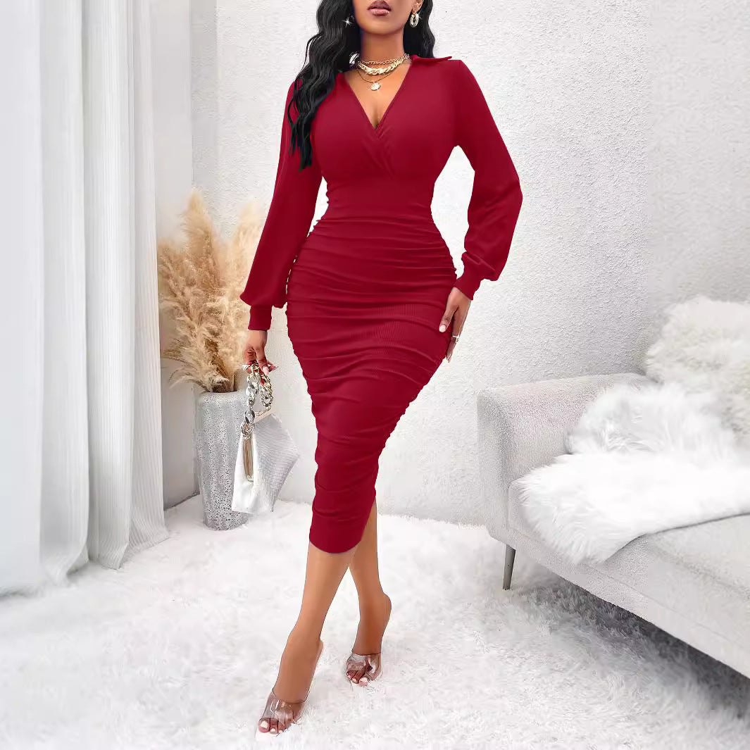 Women's V-Neck Lantern Sleeve Elastic Waist A-Line Midi Dress teemdrop