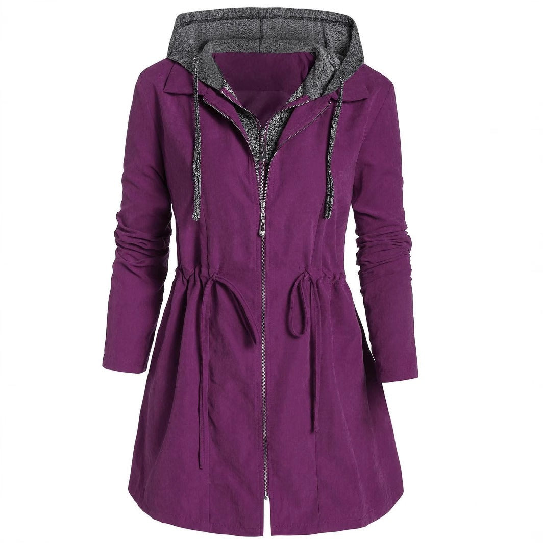 Women's Long Sleeve Double Zipper Hooded Trench Coat teemdrop