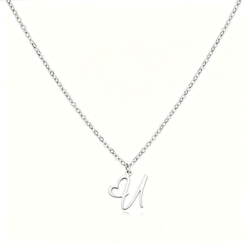 Stainless Steel Heart Initial Letter Pendant Necklace for Women