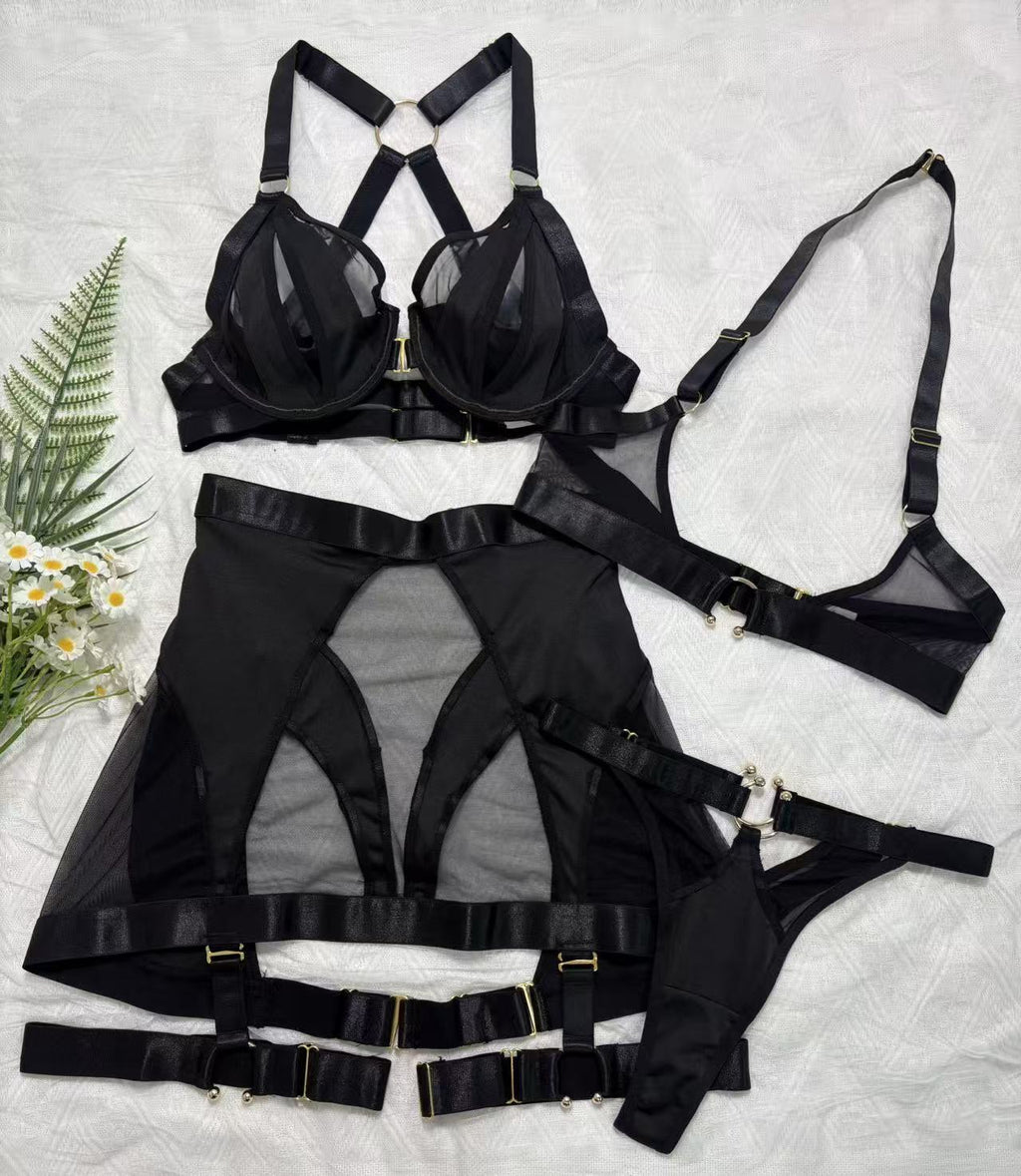 Women's Sheer Mesh Lingerie Set with Metal Ring Harness teemdrop