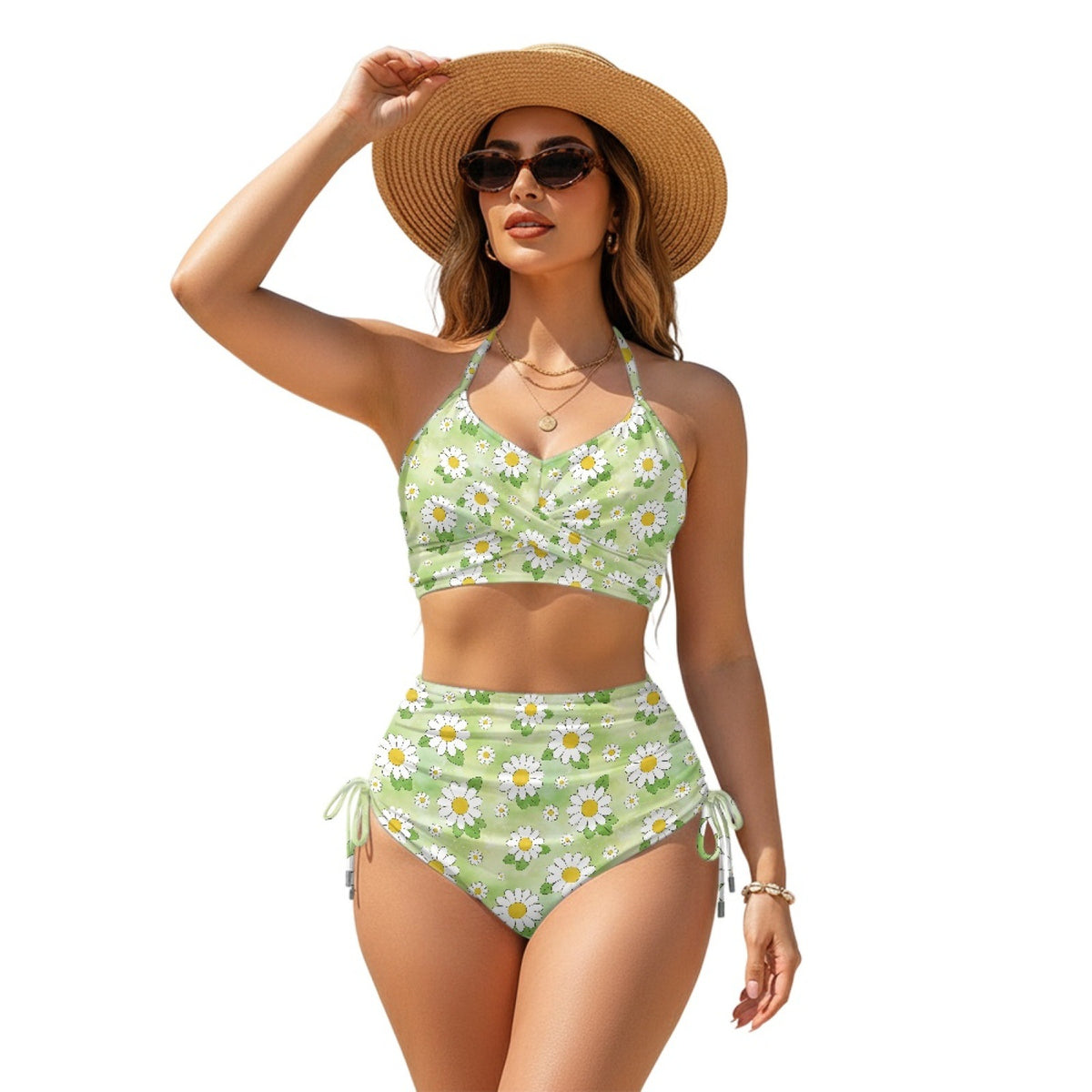 Women Sexy Animal Print High-Waist Drawstring Two-Piece Bikini Swimsuit teemdrop