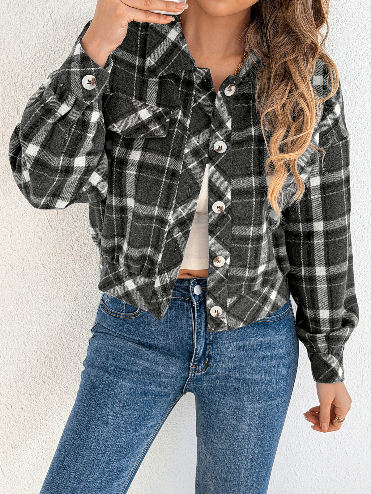 Women's Plaid Long Sleeve Lapel Woolen Jacket with Button Closure teemdrop