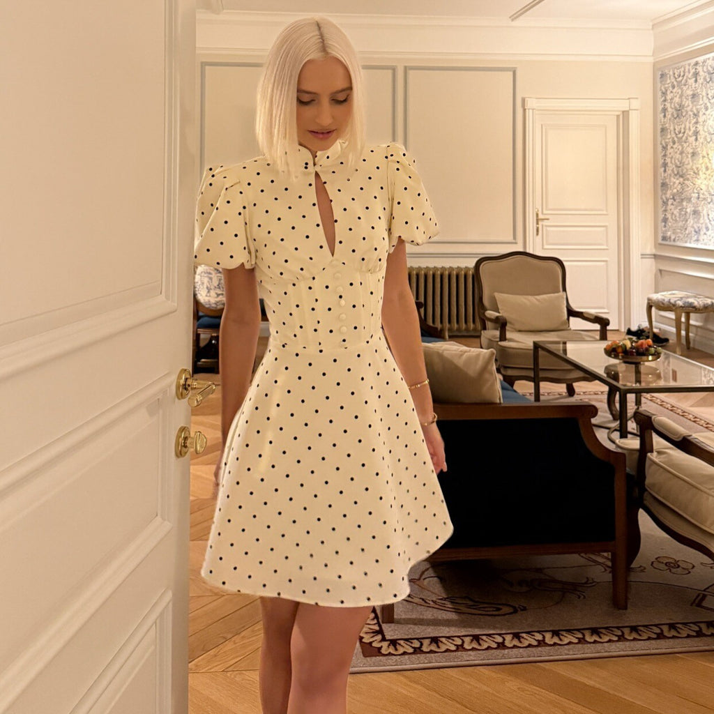 Women's French Style Polka Dot Puff Sleeve A-Line Mini Dress with Hollow-Out Detail