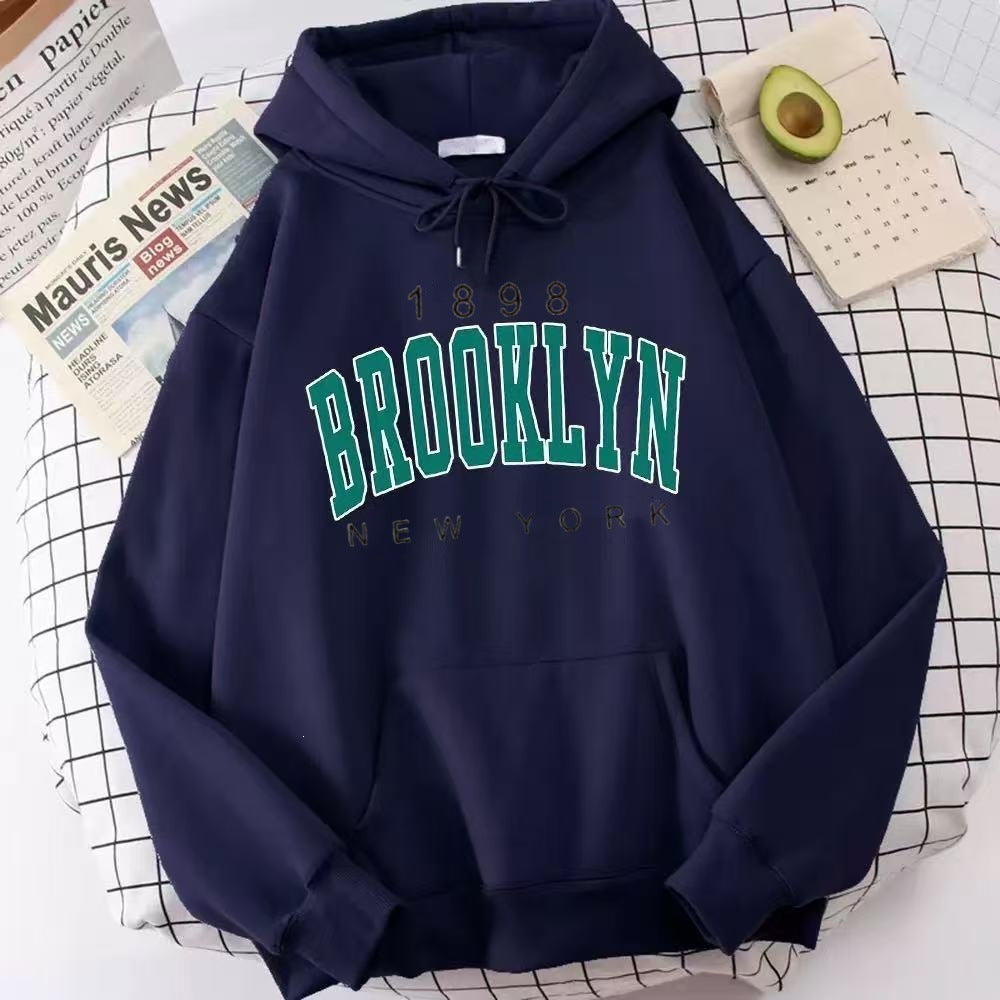 Women's Fleece Lined Hooded Sweatshirt Letter Print Long Sleeve Loose Fit Pullover