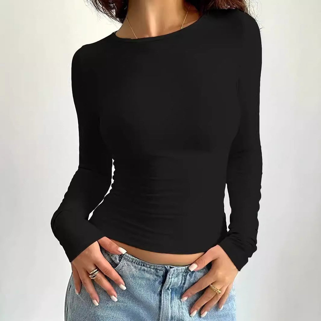 Women's Slim Fit Long Sleeve Solid Color Crewneck T-Shirt teemdrop