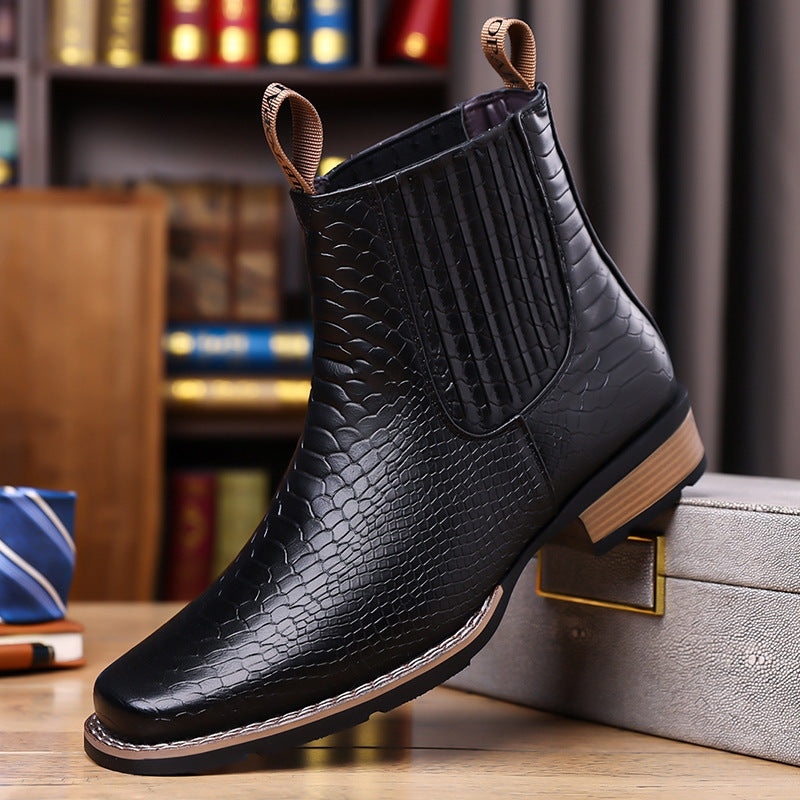 Men's Retro Crocodile Pattern Chelsea Ankle Boots with Elastic Side Panels teemdrop
