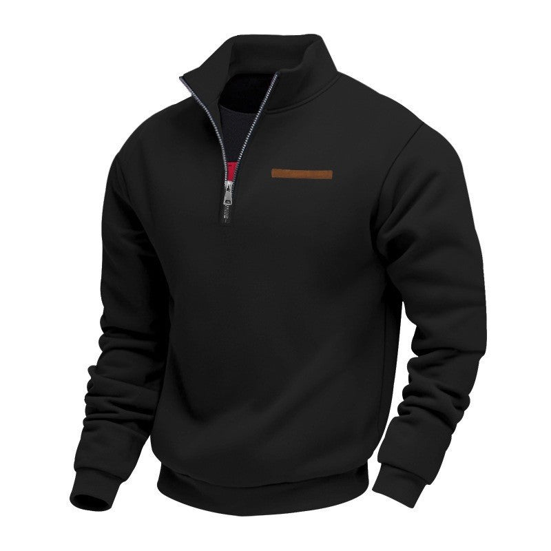 Men's Velvet Lined Half-Zip Stand Collar Pullover Solid Color Casual Loose Sweatshirt