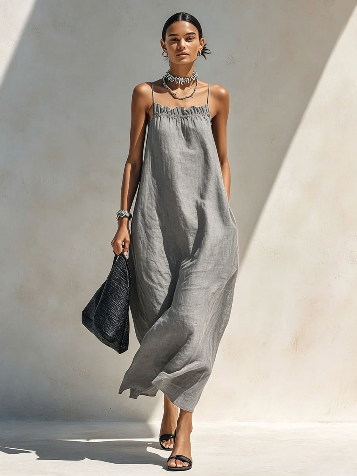 Women's One-Shoulder Sleeveless Smocked Long Dress teemdrop