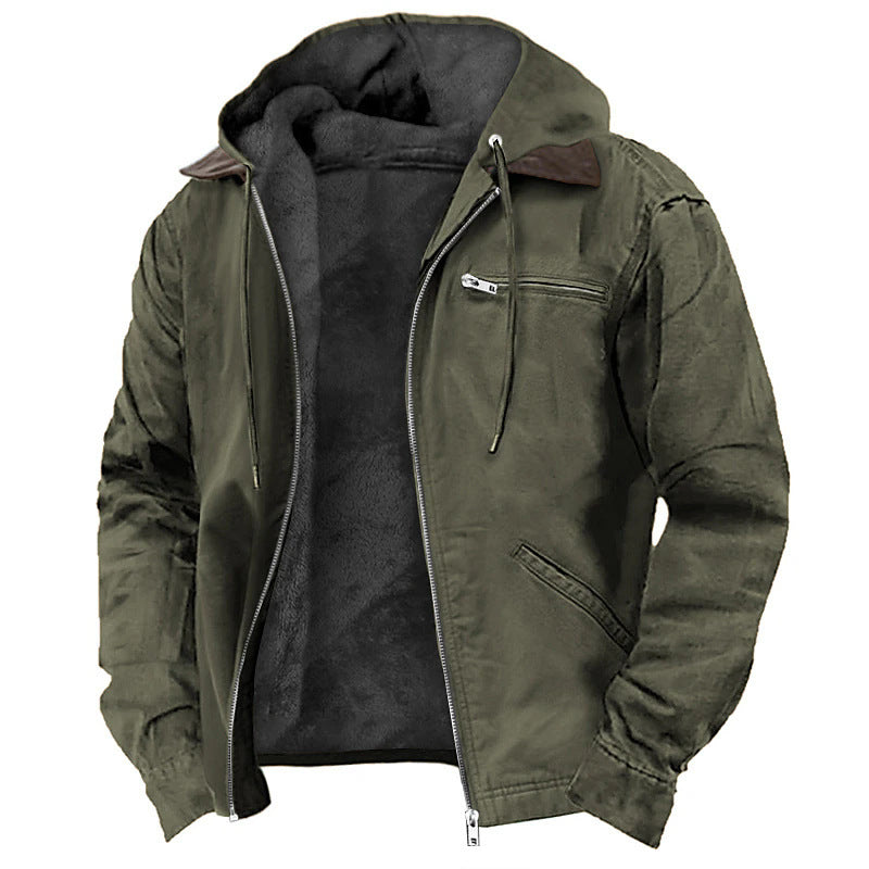 Men's Solid Fleece-Lined Hooded Jacket with Zipper Pocket