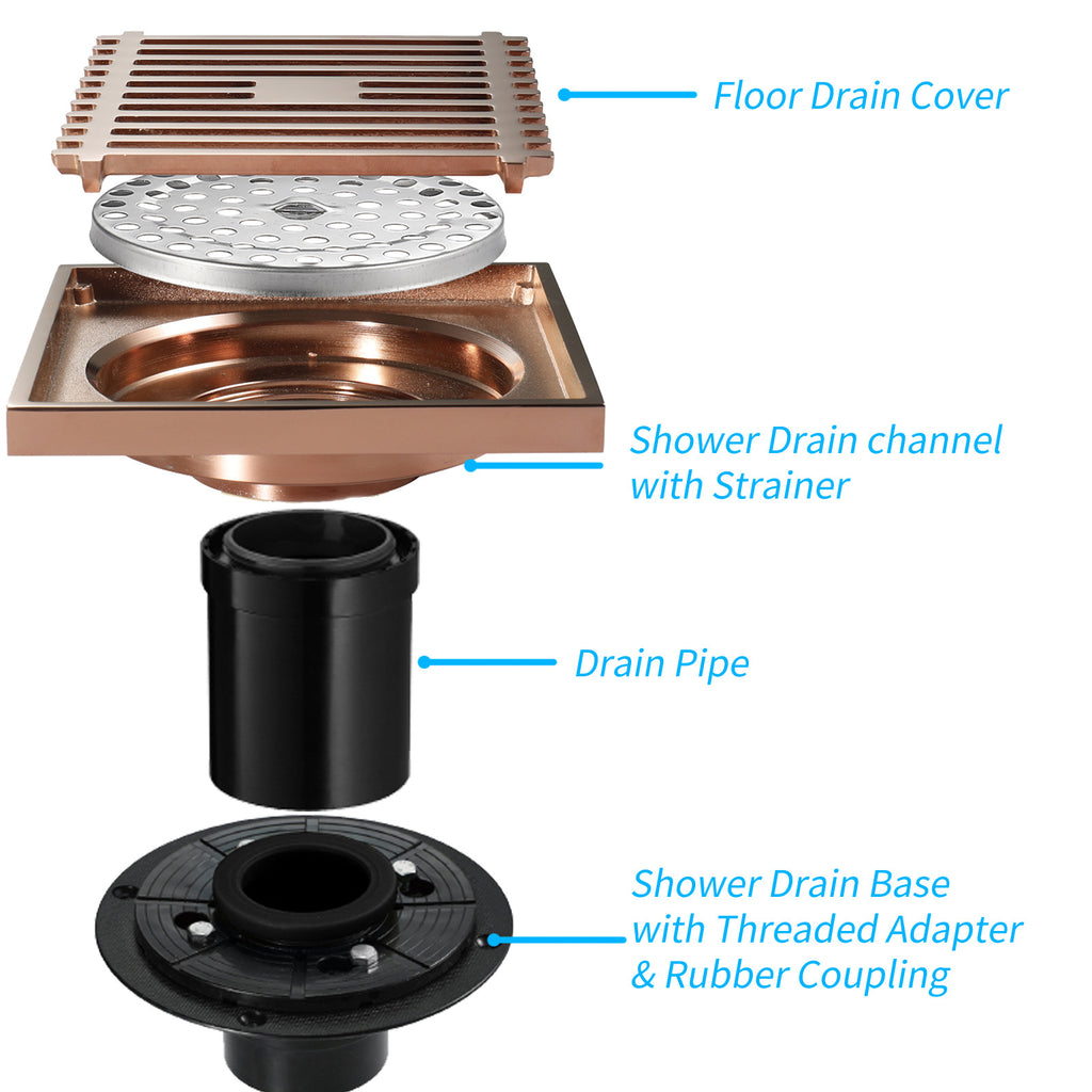 Rose Gold Copper Anti-Odor Concealed Tile Insert Square Linear Floor Drain teemdrop