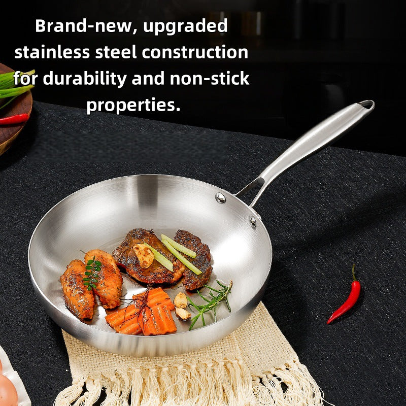Thickened 304 Stainless Steel Non-Coated Frying Pan with Three-Layer Composite Bottom