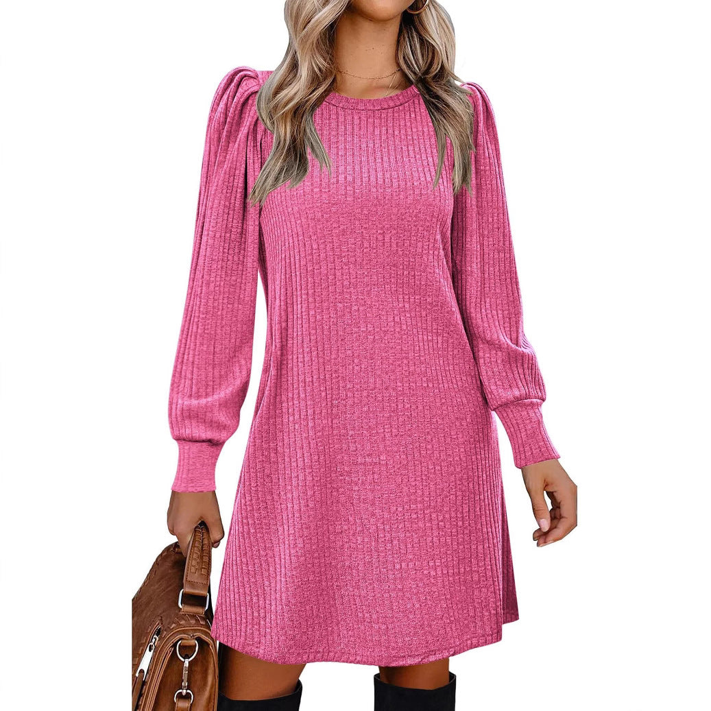 Solid Color Round Neck Puff Sleeve Mid-Length Dress