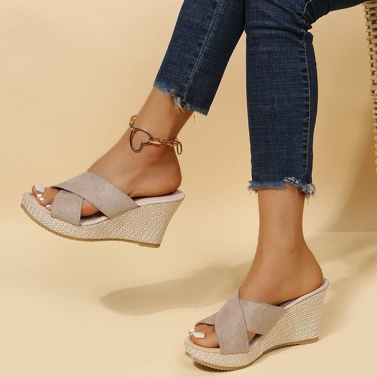 Platform rope thick-soled chunky heel slipper with flat sole