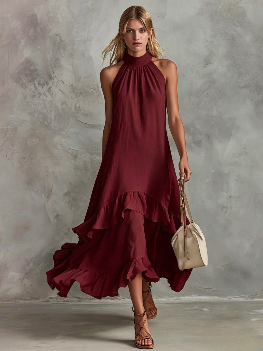 Women's Sleeveless Halter Ruffle Hem Mid-Length Summer Dress teemdrop
