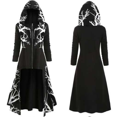 Hooded Printed Cape Dress with Irregular Hem