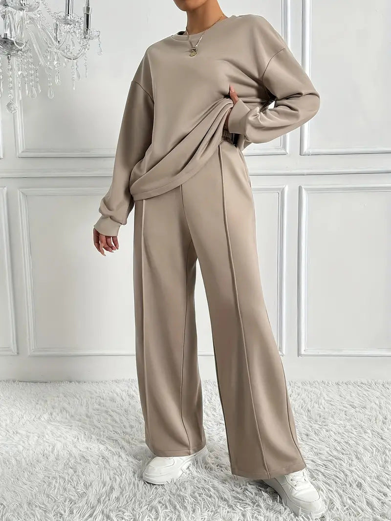 Women's Solid Color Round Neck Long Sleeve Pants Suit Casual Two-Piece Set teemdrop