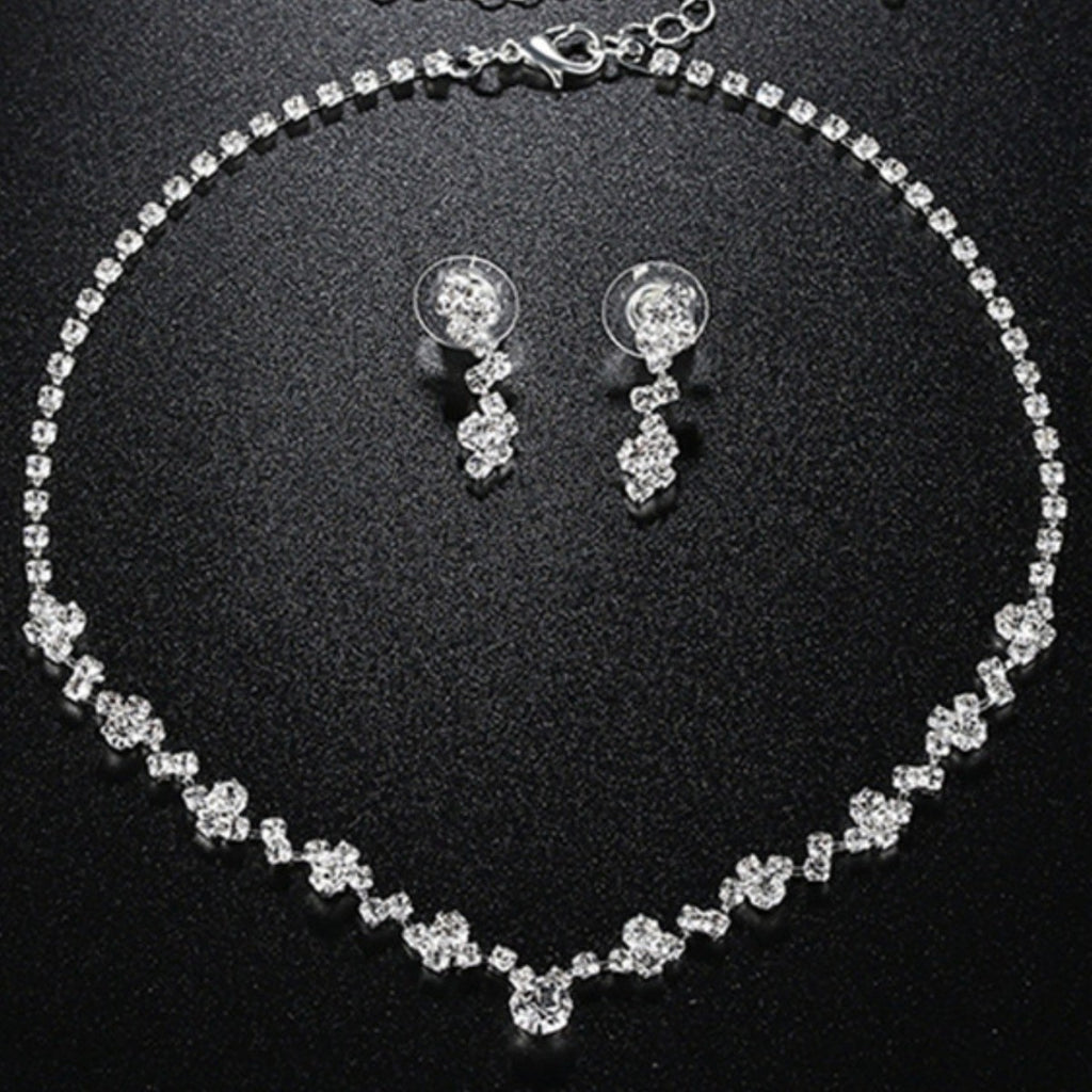 Rhinestone Geometric Pendant Necklace and Earrings Jewelry Set for Women Bridal Light Luxury