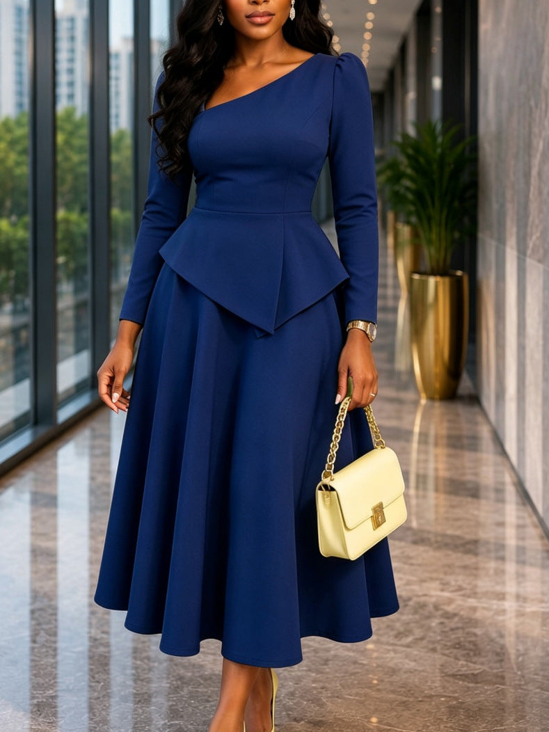 Women's Slanted Neckline Ruffled Waist Midi Dress teemdrop