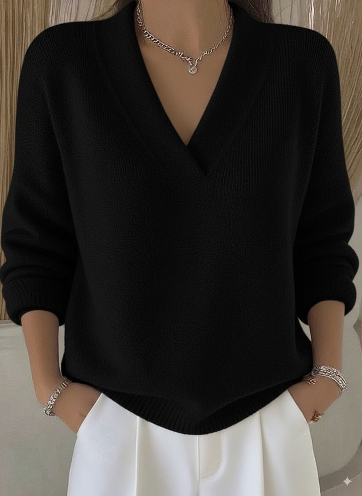 Women V-Neck Long Sleeve Loose Solid Color Knitted Pullover Sweater teemdrop