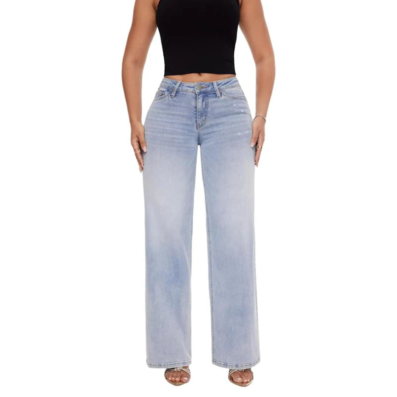 Women's High Elastic Butt-Lifting Mid-Waist Wide-Leg Denim Jeans teemdrop