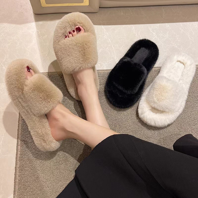 Women's Curly Fur Open Toe Slippers Low Heel Warm Plush Lined teemdrop
