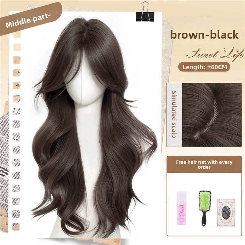 Women's Long Wavy Curly Full Head Wig Seamless Front with Bangs teemdrop