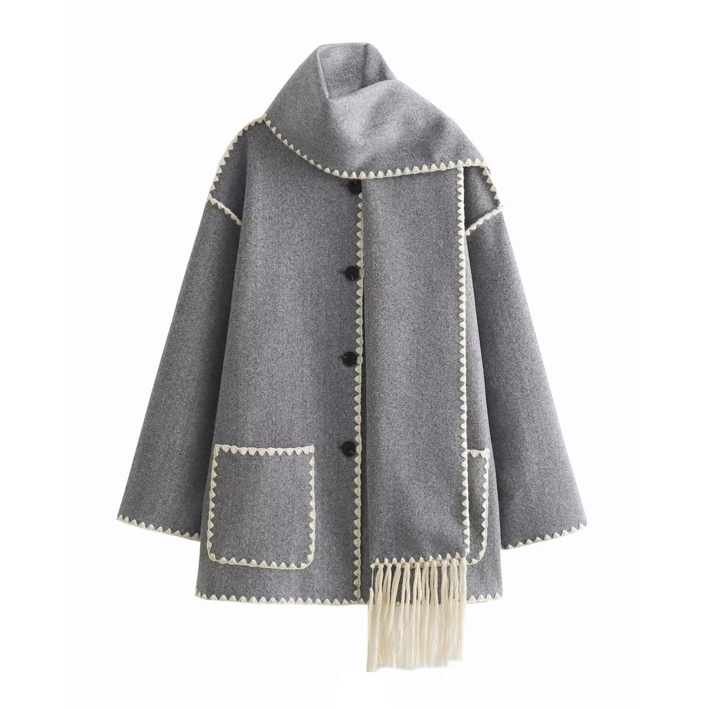 Women's Solid Color Scarf Collar Patchwork Loose Woolen Coat teemdrop