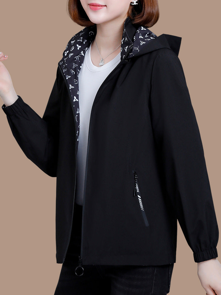 Women Reversible Hooded Long Sleeve Loose Polyester Windbreaker Jacket teemdrop